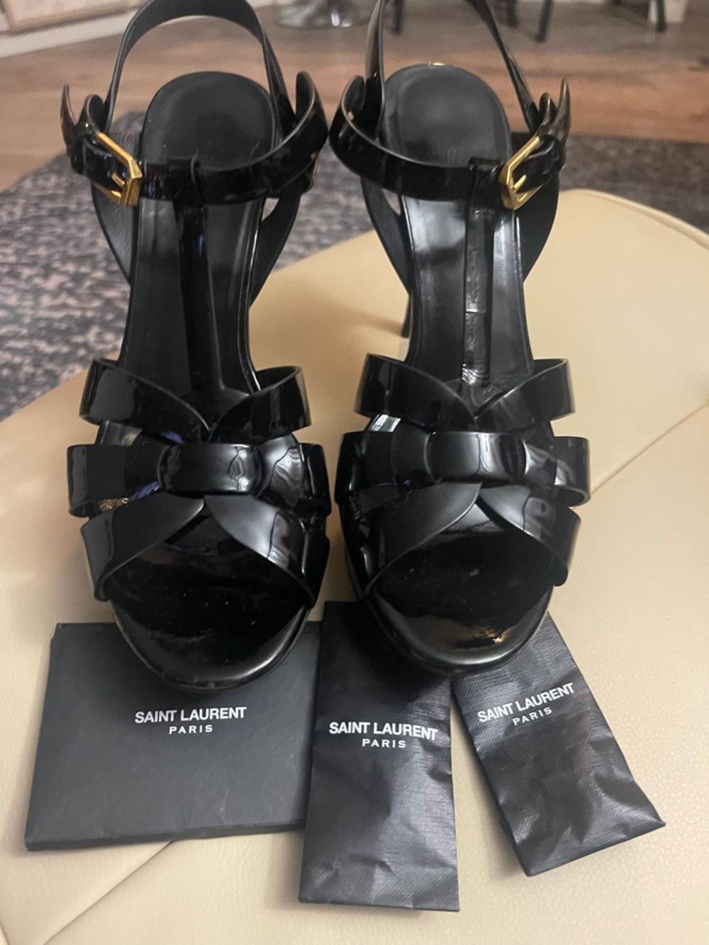 Saint Laurent Black Patent Leather Braided Strap Heels with Gold Buckle